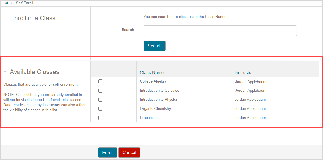A list of classes are shown in table form in the Available Classes pane of a class search.